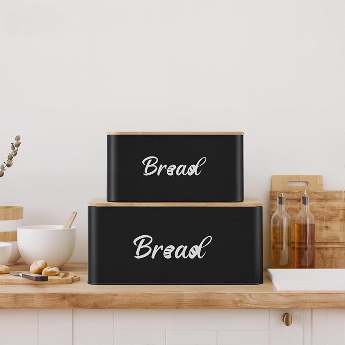Metal Bread Box Set of 2 with Bamboo Lid, Modern Bread Storage Containers with Air Vents, Bamboo Cutting Board Lid, Farmhouse Kitchen Decor Organizer for Countertop, 2-Size (Large & Small)Black