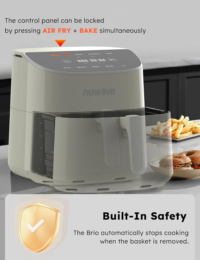 Nuwave Brio Plus 8 Qt Air Fryer, PFAS Free, New & Improved, 50-400°F in 5°F | Digital Touchscreen, Cool White Display, Ceramic Nonstick Coating, 5 Cook Modes, 100 Presets/50 Memory, 700/1500/1800W, Cream