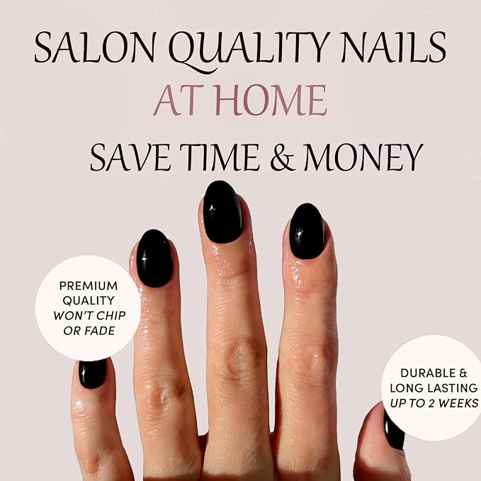 Black Short Press on Nails, Oval Fake Nails Kit Nails Press Ons | Short Oval Fake Nails,Apply Protective UV coating,Salon Quality Nails in 12 Sizes - 24 Nail Kit with Glue
