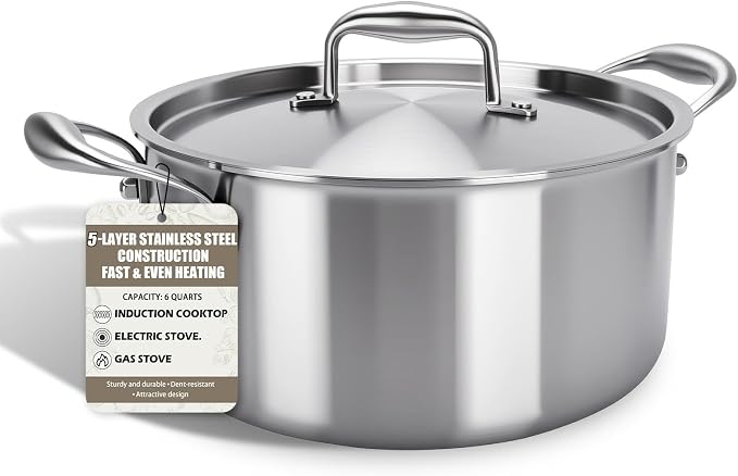 6 Quart 5-Ply Clad Stainless Steel Stock Pot With Lid Fast Heat Conduction | 5ply Stainless Steel Pot Fully Clad Compatible with All Cooktops for Family Meals & Batch Cooking