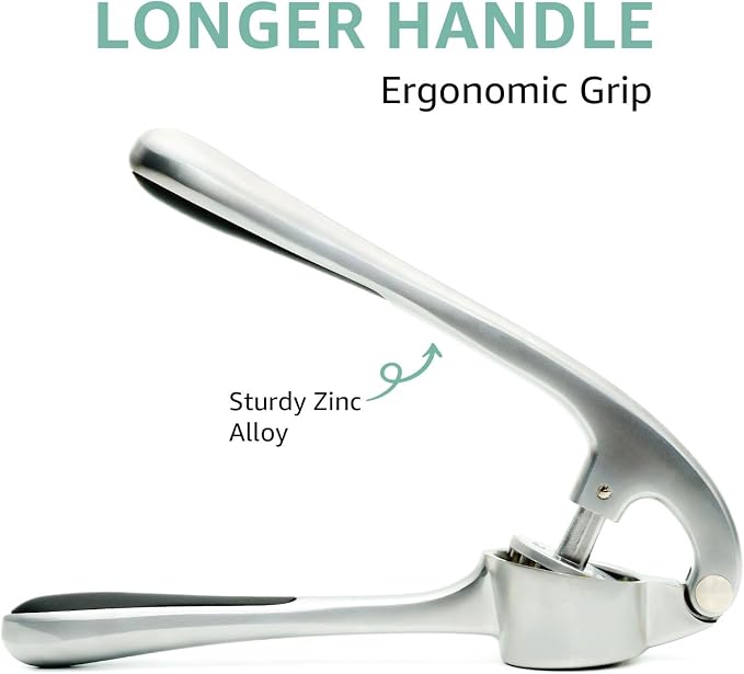 Garlic Press Crusher & Mincer – Easy Squeeze Ergonomic Handle, Heavy Duty Zinc Alloy, Dishwasher Safe, Includes Peeler & Cleaning Brush – Garlic Ginger Crusher Tool (Silver)