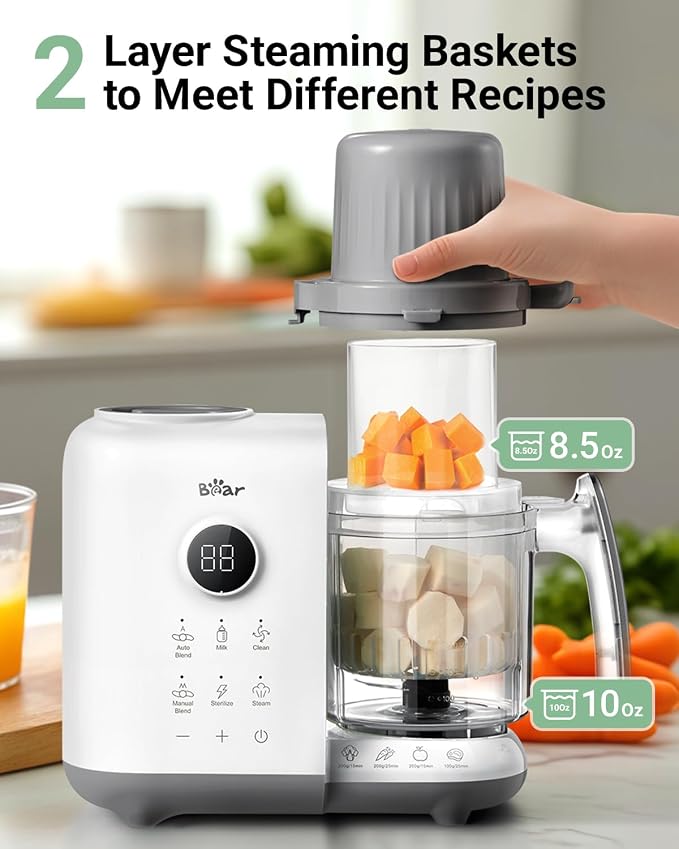 Bear Baby Food Maker Steamer&Blender with Dual-Layer Steam Baskets, 18.5oz | OneStep Baby Food Processor Puree Maker Grinder Mills Bottle Warmer, Sterili-zing for Healthy Homemade Baby Puree, BPA-Free