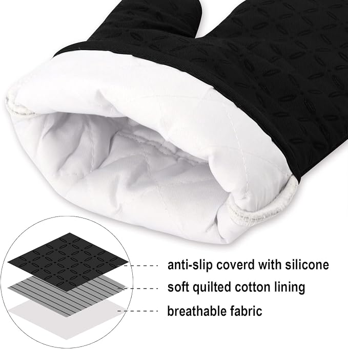 KEGOUU Oven Mitts and Pot Holders 6pcs Set, Kitchen Oven Glove High Heat Resistant 500 Degree Extra Long Oven Mitts and Potholder with Non-Slip Silicone Surface for Cooking (Black)