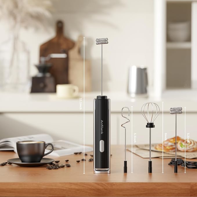 Anfilank Handheld Milk Frother Wand with Folding Stand, Rechargeable Electric Whisk with 3 Speeds & 3 Stainless Heads, Milk Foam Maker with Stand for Latte, Cappuccino, Hot Chocolate, Egg
