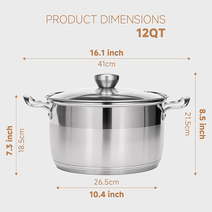 Ohtomber Stainless Steel 12 Quart Large Stock Pot with Lid, Non-Stick Base | Thick Base Cookware, Heavy Duty, Induction Ready, Ideal for Soup Pasta Stew Simmering Boiling & Canning, Deep Cooking Pot