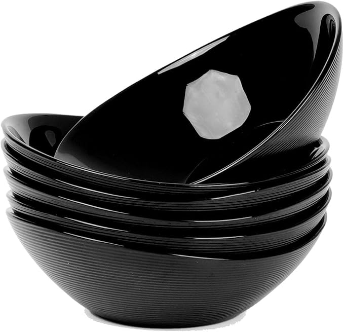 12 OZ Ice Cream Bowl Set of 6, 6 Inch Black Opal Glass | Oval dessert bowls with microwave & dishwasher safe design, perfect for breakfast, snacks, fruit and side dishes