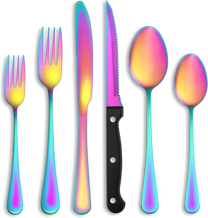 24 Pcs Rainbow Silverware Set with Steak Knives, Stainless Steel Flatware Cutlery Set for 4, Kitchen Tableware Sets, Utensil Sets for Home and Restaurant, Dishwasher Safe