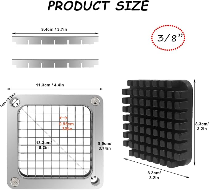 Commercial Vegetable Replacement Chopper 3/8‘’ Blade | Replacement Chopper Dicer Stainless Steel Blade and Pusher Block for Fruit Cutting Machine Tomato onion French Fries Cutter