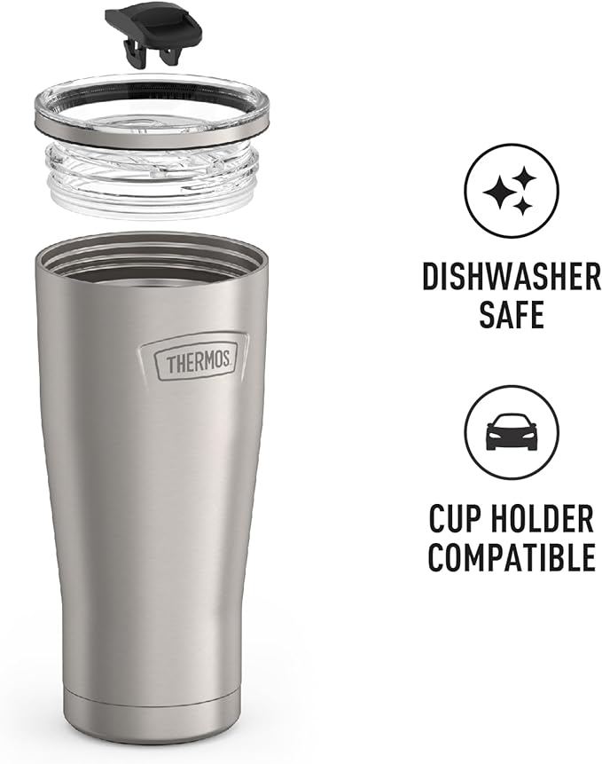 THERMOS Icon Series 24oz Stainless Steel Tumbler with Slide Lock Lid, Leakproof, Fits Cupholder, Dishwasher Safe, Griptec™ Non‑Slip Base, Keeps Drinks Hot 6 Hrs/Cold 22 Hrs, Matte Stainless Steel