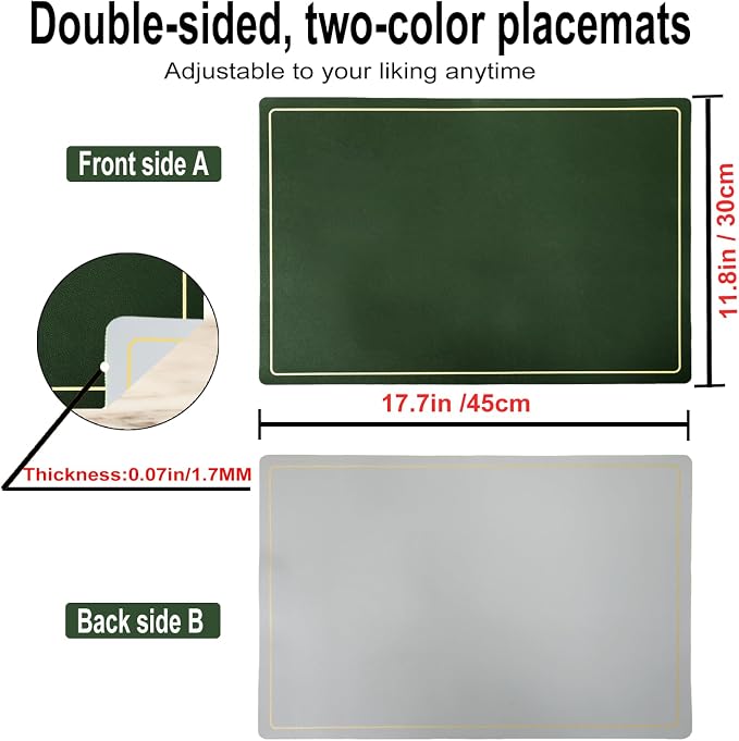 Faux Leather Placemats Set of 4, 11.8"x17.7", Green & Gray | Reversible Table Mats, Waterproof, Stain & Heat Resistant, Easy Clean for Dining, Gatherings, Outdoor