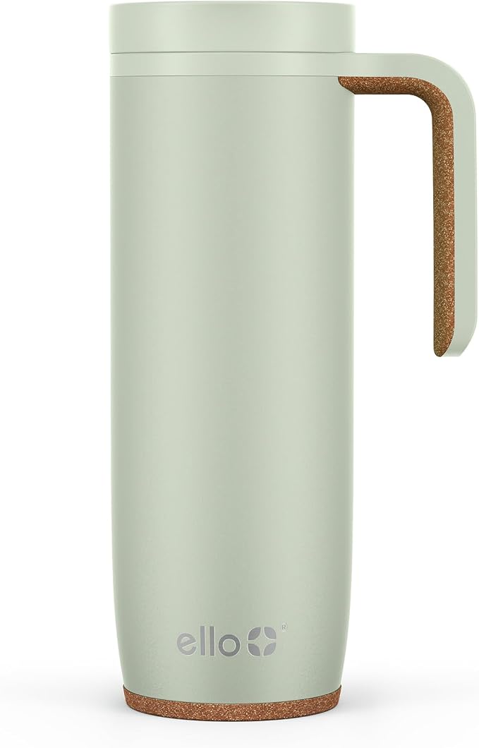 Ello Magnet 18oz Insulated Stainless Steel Travel Mug with Handle, Sage | Leakproof coffee tumbler with side handle and cork coaster. BPA-free, keeps drinks hot for 5 hours, great for coffee and tea.