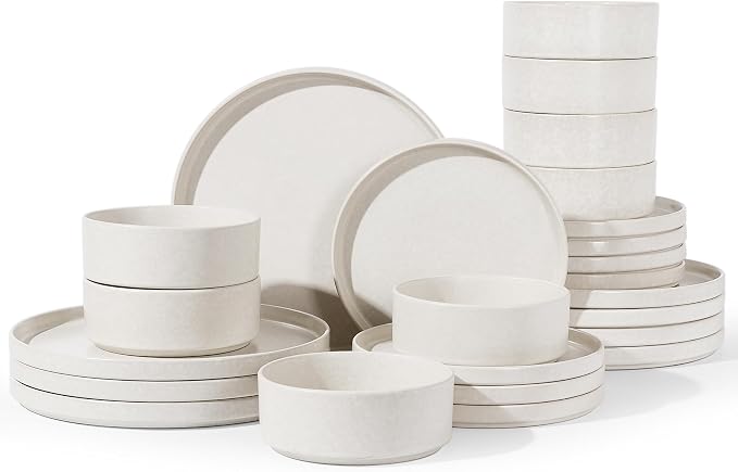Famiware Nebula 24-Piece Dinnerware Set, Matte Beige White | Stoneware Plates and Bowls, Handmade Reactive Glaze, Microwave & Dishwasher Safe, Chip & Scratch Resistant
