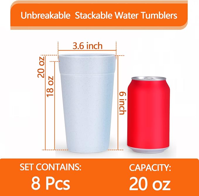Homestockplus 【Set of 8】 20 Oz Tumbler Cups,Unbreakable Drinking Cups Microwave and Dishwasher Safe BPA Free E-Co Friendly Reusable Cup For Smoothies,Water