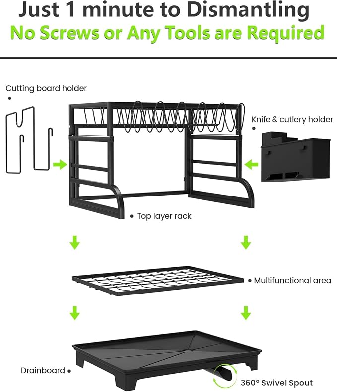 2-Tier Foldable Dish Drying Rack with Drainboard, Stainless Steel Large Capacity Kitchen Counter Organizer with Cup Holder, Utensil & Cutting Board Storage, No Assembly Required, Black