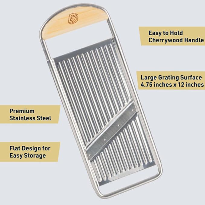 Kings County Tools Handheld Mandoline Slicer for Kitchen, 12” x 4.5” | Stainless Steel Flat Mandolin with Cherrywood Handle, Julienne Cutter for Vegetable and Fruits, Italian Made Kitchen Gadgets