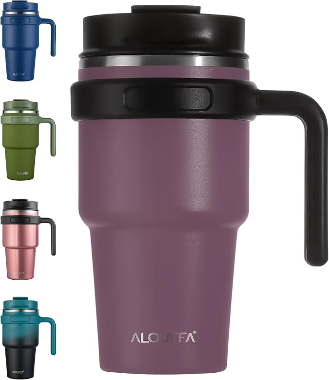 20 oz Insulated Travel Coffee Mug Tumbler with Handle and Straw | Leakproof Stainless Steel Coffee Cup with Lid, Double Wall Vacuum Ice Thermal Cup, Plum