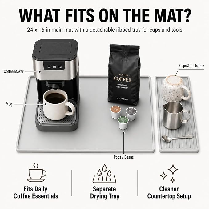 Silicone Coffee Mat 24 x 16 in with Tray, Minimal Light Gray | Coffee bar mat for countertop use, coffee station mat or coffee machine mat with removable tray and 0.47 in raised rim.