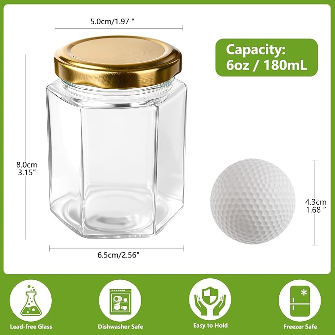 30 Pack 6 oz Glass Jars with Gold Lids - Airtight Hexagon Honey Jars | Jams, Spices, Baby Shower, Party & Wedding Favors - 180ml Food Grade Canning Jars for Small Business & DIY Crafts
