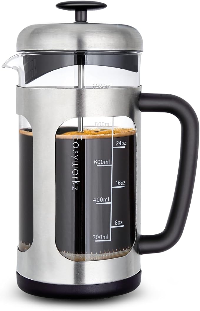 Easyworkz Stainless Steel French Press 34 oz Coffee Tea Maker with Soft Grip Handle