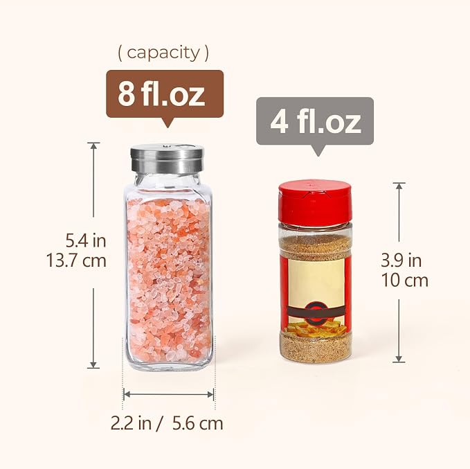ComSaf Glass Spice Jars with Shaker Lids 8 oz 6 Pack Square | Labels, Seasoning Herbs Powders, Salt Pepper Chili, Spice Rack Organization, Kitchen Cabinet Storage, Funnel Included