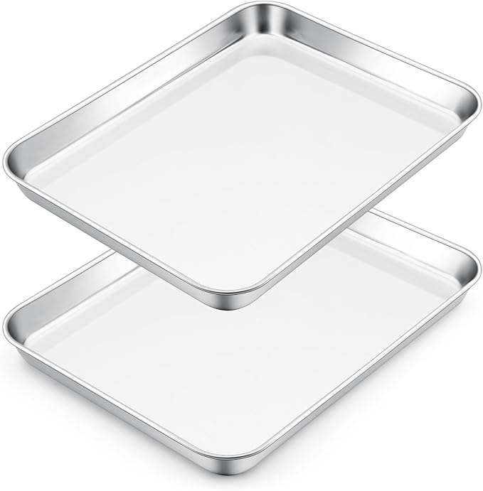 E-far 10.5” x8.3” Baking Sheet Set of 2, Stainless Steel Toaster Oven Tray | Small Non-toxic Metal Baking Pan for Cookie & Cake, Healthy & Rust Free, Mirror Finish & Dishwasher Safe