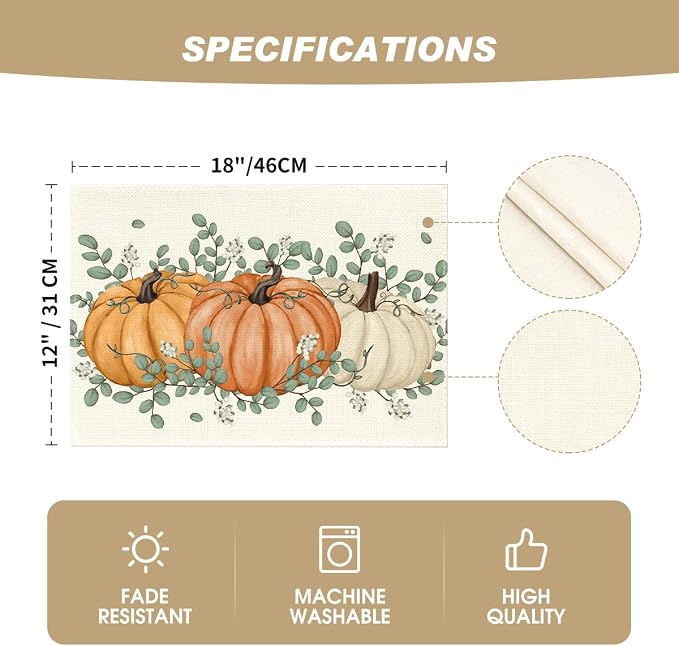 Artoid Mode Orange Pumpkins Eucalyptus Leaves Fall Placemats Set of 4, 12x18 Inch Autumn Thanksgiving Holiday Table Mats for Party Kitchen Dining Decor | Heat-Resistant Table Mats, Washable Seasonal Autumn Kitchen Dining Decor