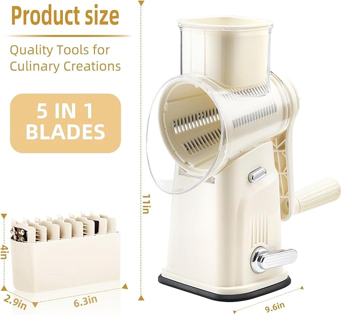 Rotary Cheese Grater with Handle, 5 Replaceable Blades (Beige) | Strong Suction Base, Round Food Slicer & Chopper for Kitchen Fruit Vegetables Nuts with Blade Storage Box