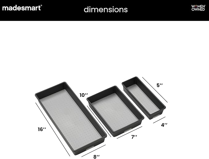 madesmart Classic 3 Bin Drawer Organizer Set, Granite | non slip feet, rounded corners, modular layout, mixed sizes, custom fit, office craft supplies, makeup tools, woman owned