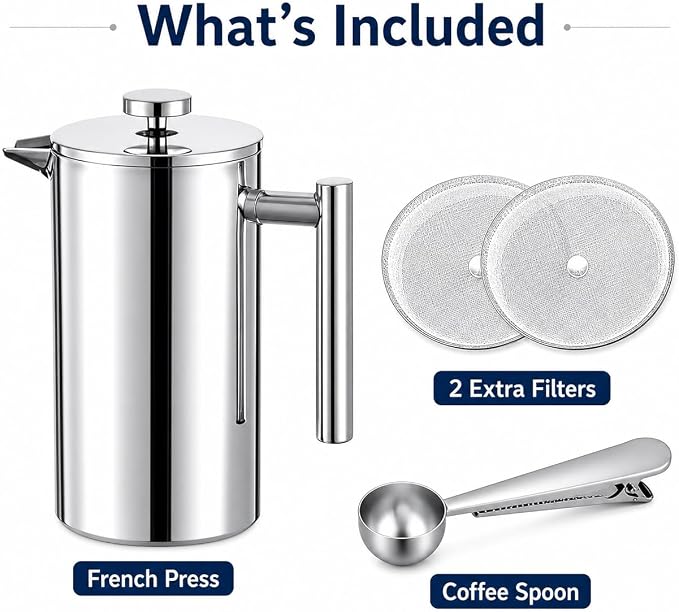 12 oz / 350 ml Stainless Steel French Press Coffee Maker, Double-Wall Insulated Small Coffee Press with 2 Extra Filters and Coffee Spoon, Single Serve French Press for Home, Office and Camping