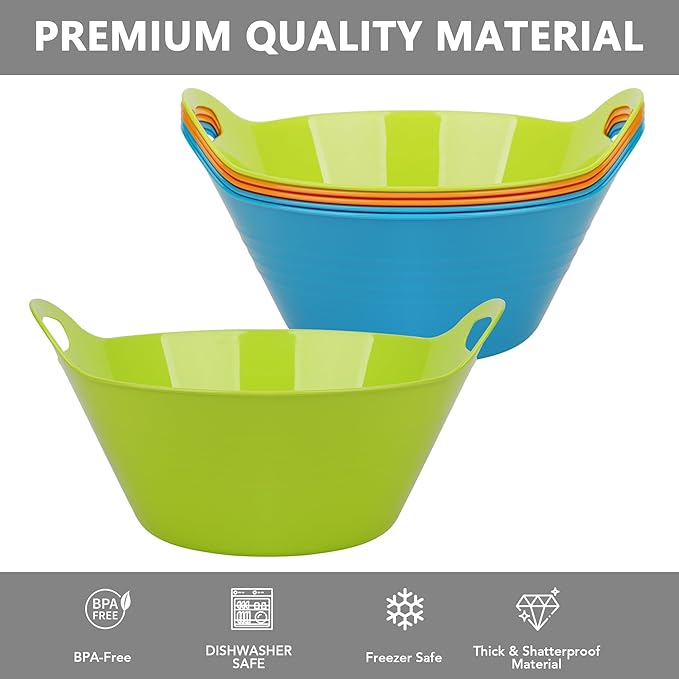 Tiawudi 6 Pack Snack Bowls (4.9L Large), Plastic Serving Bowls for Party, Large Bowls with Handles for Kitchen, Fruit, Cereal, Candy, Salad and Chip, Microwave Safe