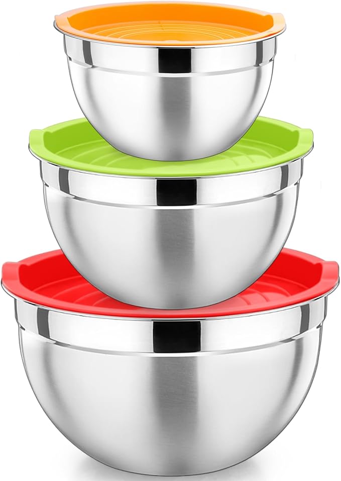 P&P CHEF Stainless Steel Mixing Bowls with Lids, Set of 3, Multicolor | Nesting Salad Bowl, Sturdy& Rust Proof, Airtight & Stackable, Suit for Mixing, Storing, Prepping, 3 Size - 4.6/3 /1.5 QT