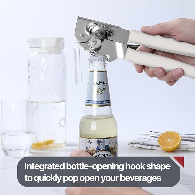UHIYEE Commercial Can Opener Heavy Duty, Hand Crank for Large Cans, White | Manual Can Opener, High-Carbon Blade, Extra-Long Handle, Oversize Knob, Built-in Magnet & Bottle Opener, For #10 Cans