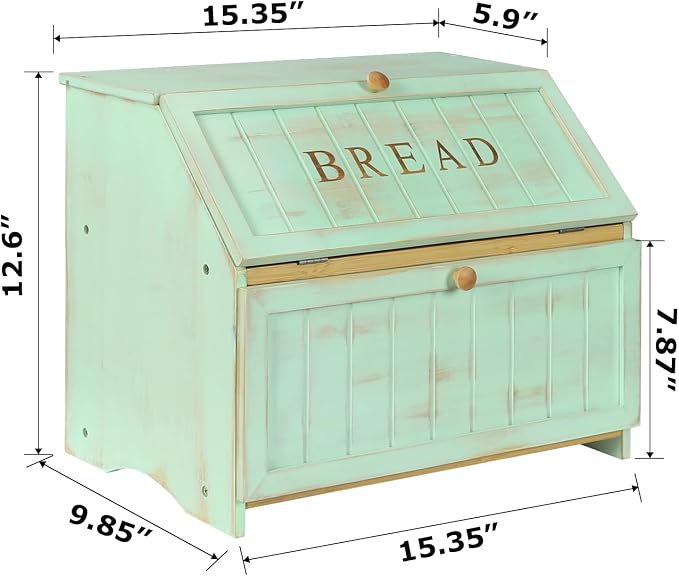 HOMEKOKO Retro Double Layer Large Bread Box for Kitchen Counter, Mint Green | Keeps Bread Fresh 3-4 Days, 2-Tier Capacity Fits 2+ Loaves,Suitable For Farmhouse/Rustic Kitchens Use, Retro Design