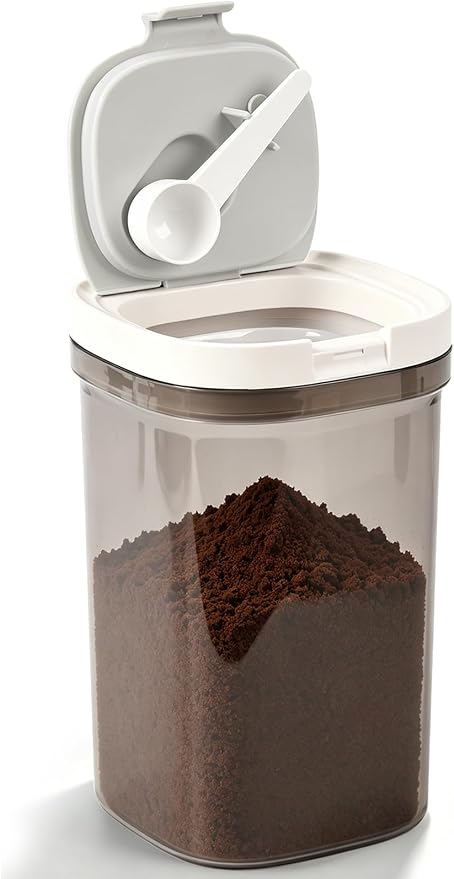 Lupow Airtight Coffee Canister with Magnetic Spoon, 1.8L BPA-Free Plastic Coffee Container for 20oz Ground Coffee & Beans, Dual Seal Locking Lid, Dark Brown Pantry Storage Jar