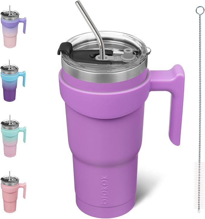BJPKPK 20 oz Tumbler with Handle & Straw, Insulated Stainless Steel Mug | Double Wall Vacuum, Keeps Hot/Cold, Thermal Cup, BPA Free, Dishwasher Safe, Cupholder Fit, Coffee & Travel, Lavender