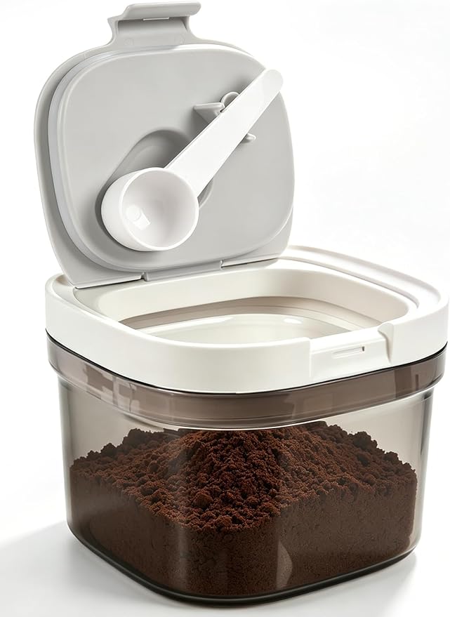 Lupow Airtight Coffee Canister with Magnetic Spoon, 0.8L BPA-Free Plastic Coffee Container for Ground Coffee & Beans, Dual Seal Locking Lid, Dark Brown Pantry Storage Jar