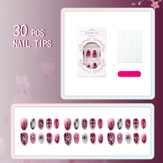 30Pcs Gothic Press On Nails Dark Red Gradient Fake Nails with Spider Rhinestones Designs Medium Almond Goth Acrylic Nails Chrome Line Stick On Nails for Women Halloween Party Reusable False Nails