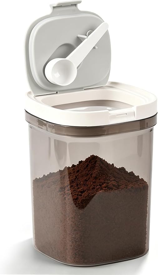 Lupow Airtight Coffee Canister with Magnetic Spoon, 1.3L BPA-Free Plastic Coffee Container for 15oz Ground Coffee & Beans, Dual Seal Locking Lid, Dark Brown Pantry Storage Jar