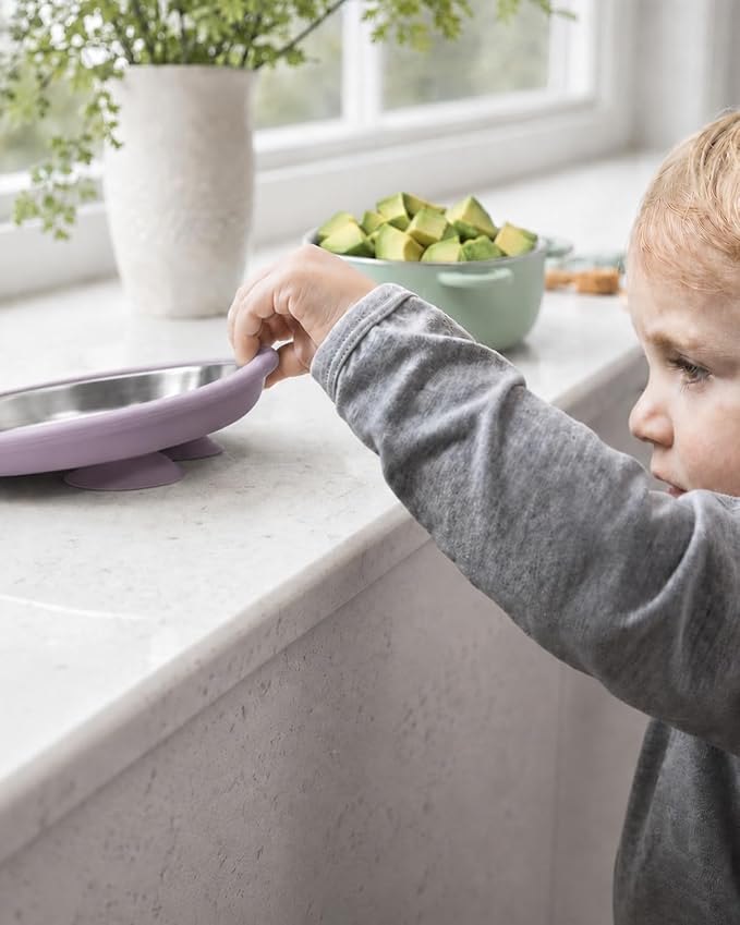 Bakpoco Stainless Steel Suction Plates for Baby, Kids Snack Dishes | 8" Stainless Steel Toddler Plates Open Kids Plate with Silicone Suction Non Toxic Dishwasher Safe Dinnerware Set of 3