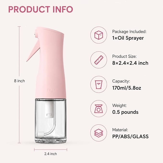 Zuutii Oil Sprayer for Cooking, 170ml Olive Oil Sprayer Mister, Olive Oil Spray Bottle for Salad, BBQ,Spray with Portion Control, Kitchen Baking, Roasting,Hairstyling (Light Pink)