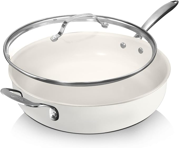 GOTHAM STEEL 5.5 Qt Saute Pan with Lid - Nonstick Deep Frying Pan, 100% PFOA Free Ceramic, Dishwasher Safe, Cream White