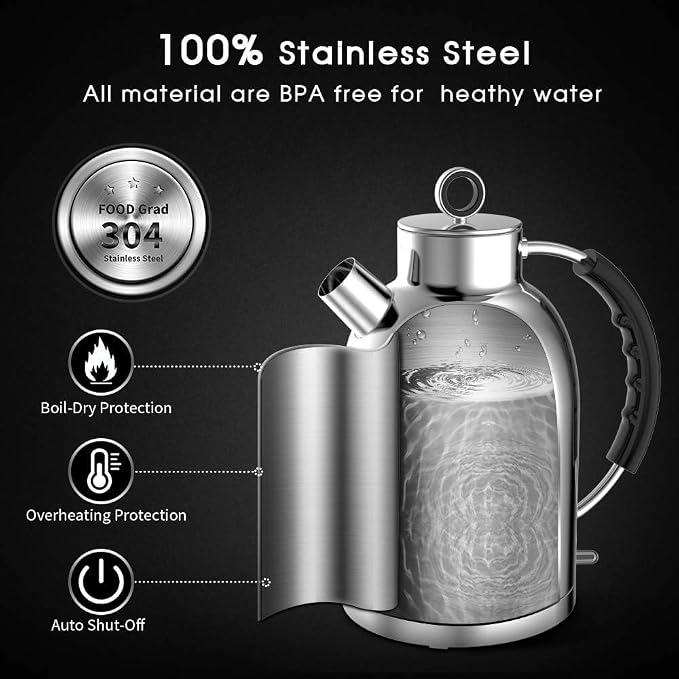 ASCOT Electric Kettle, Electric Tea Kettle Hot Water Kettle Stainless Steel 1.5L 1500W Tea Heater & Boiling Water, Auto Shut-Off and Boil-Dry Protection (Polished Silver)
