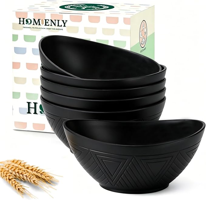 Wheat Straw Serving Bowls Unbreakable Oval Bowls Set of 6 Soup Bowls Microwave Safe Cereal Bowls for Kitchen, Camping, Party Dishwasher Safe Plastic Bowls for Dinner, Soup (26 OZ Black)