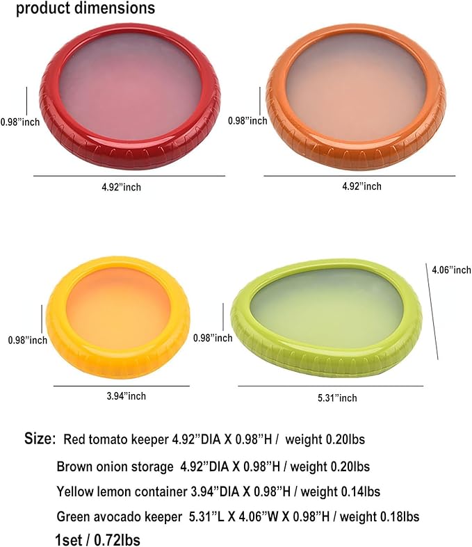 4PC Silicone Fruit and Vegetable Storage Containers Set for Fridge, Onion Storage Container, Avocado keeper,Tomato Saver,and Lemon holder
