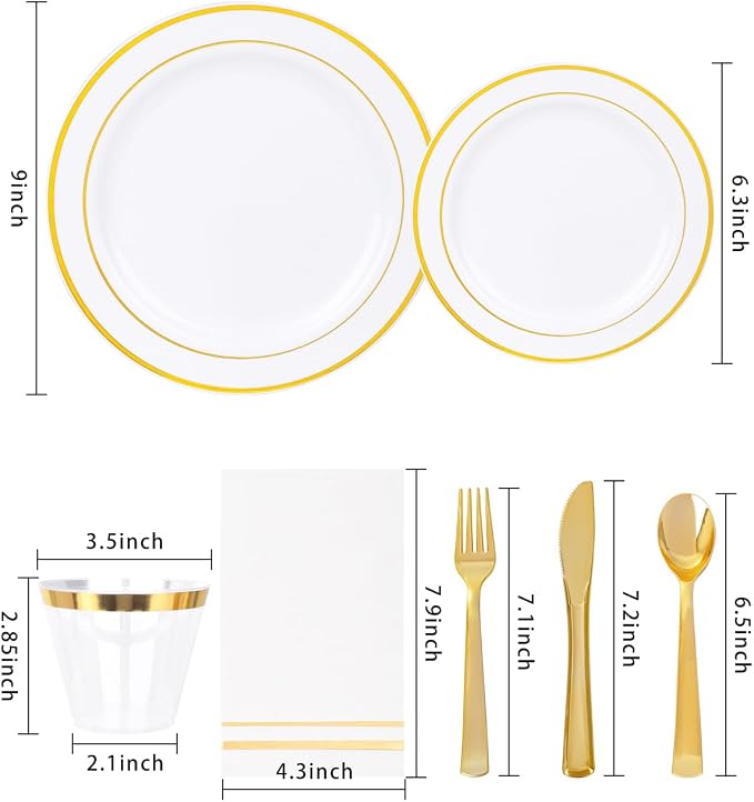 GATHER 700PCS Gold Plastic Dinnerware Set for 100 Guests for Wedding Party | White and Gold Disposable Dinnerware Sets include 200 Plate, 300 Silverware, 100 Cups, 100 Napkins for Anniversary