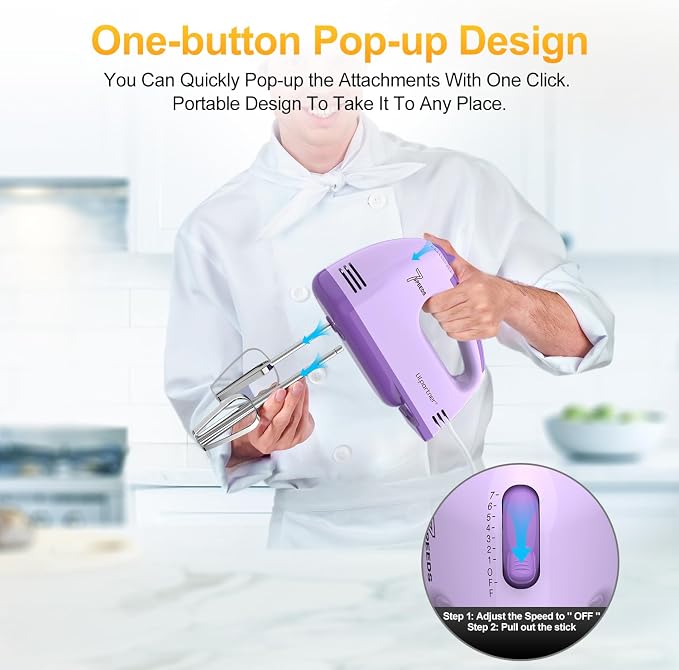 LILPARTNER Electric Hand Mixer with Storage Box, Ultra Power Kitchen Hand Mixer With 7-Speed & 5 Stainless Steel Accessories for Whipping Dough, Cream, Cake, Dishwasher Safe, PURPLE BOX