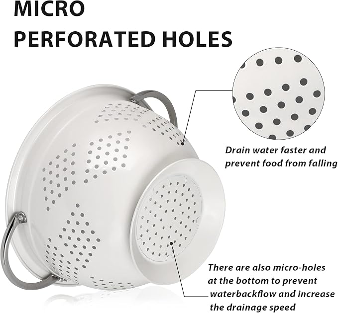 Colander Set for Kitchen, 1.5, 3, 5 Qt Food Strainers and Colanders | Stainless Steel Handle,Strainers and Colanders For Pasta, Vegetables, and Fruits, Coated Metal, Kitchen Essential