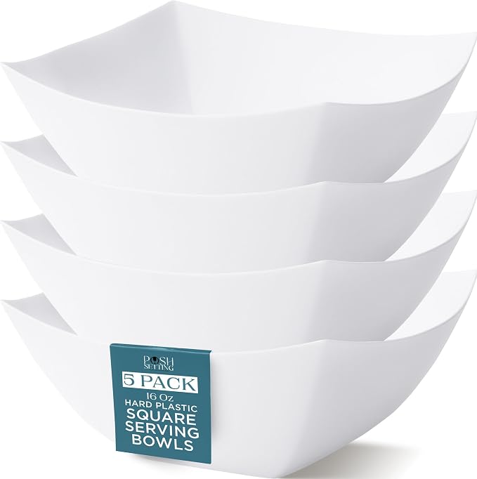 4 Pack Disposable White Plastic Serving Bowls Square Party Candy Use 16oz | Square Design. Disposable Party Tableware. Salad, Fruit & Candy Use. Candy Buffet Containers. White Plastic.