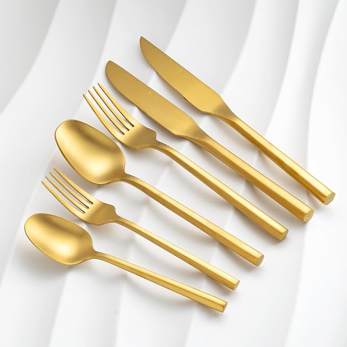 Gold Silverware Set with Steak Knives,Zerophilo Flatware Set with Hexagon Handle 24 Pieces 18/0 Stainless Steel Cutlery Set for 4,Dishwasher Safe