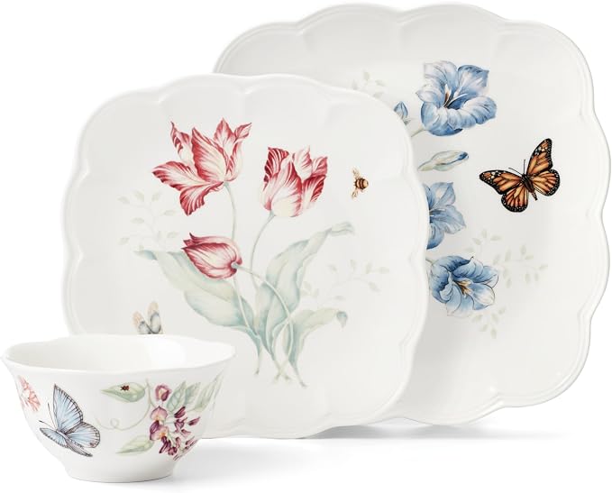 Lenox Butterfly Meadow Square Porcelain 18-Piece Dinnerware Set for 6 | ceramic, dishwasher safe, microwave safe | plates and bowls sets for kitchen and dining, dish set, dishes